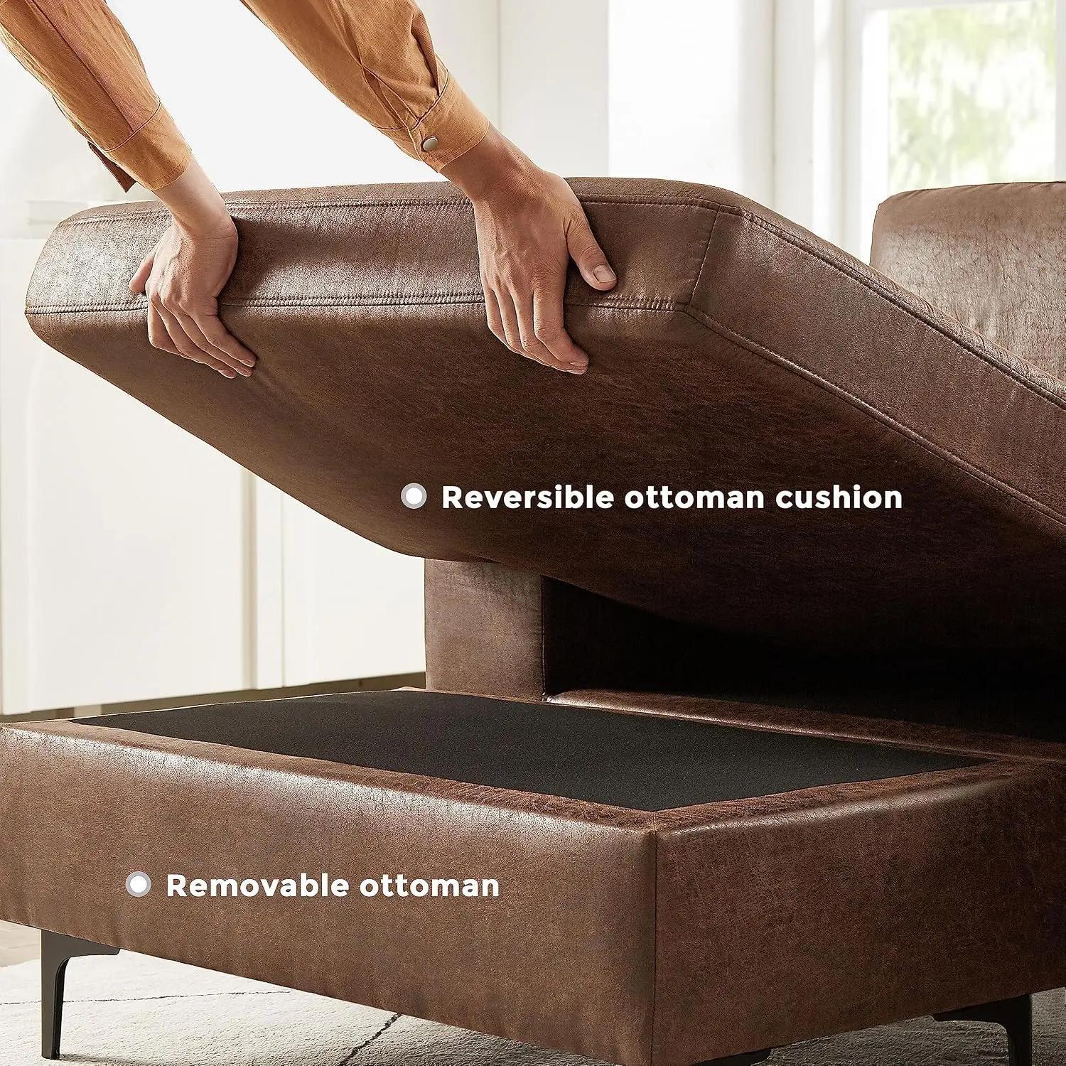 Faux Leather Sectional Sofa with Reversible Chaise for Small Apartment, Dark Brown, Customized