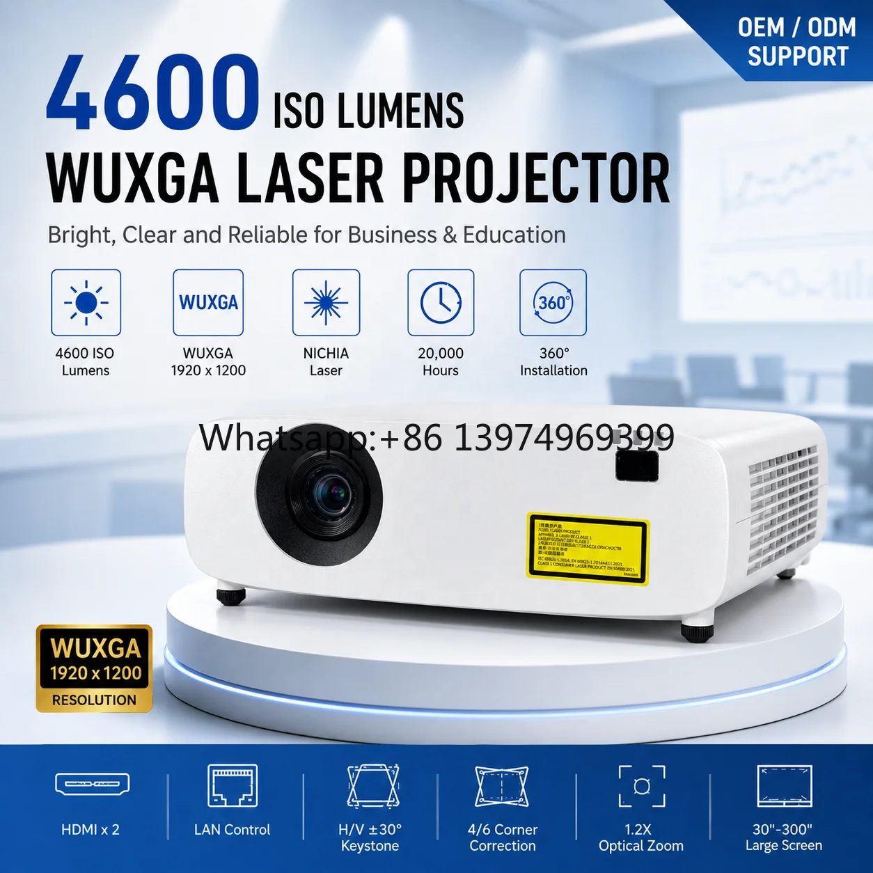 Professional Business Projector 4600 ISO Lumens WUXGA Laser 20,000H Long Life for Conference Room
