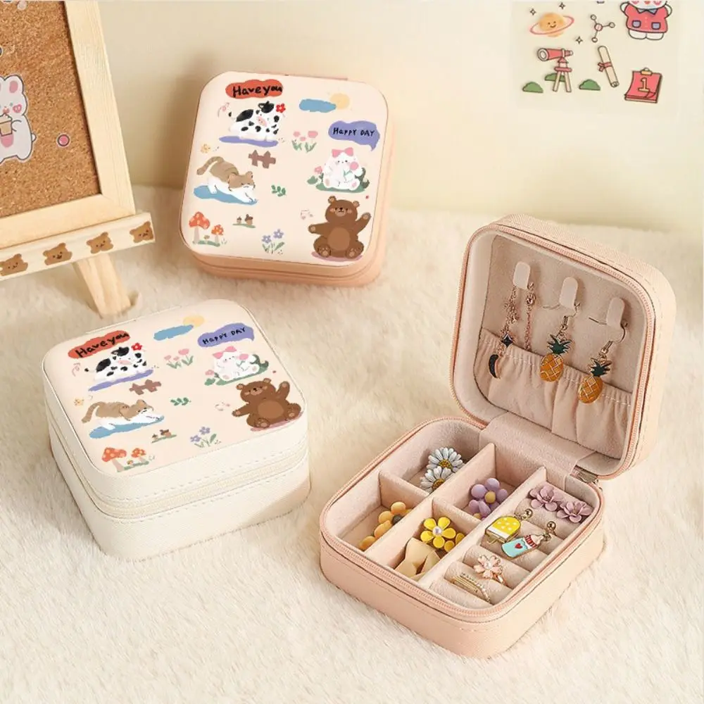 

Lovely Kawaii Mini Jewelry Box PU Cartoon Necklace Ring Case Zipper Animal Printing Earring Organizer Display