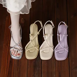 2026 Summer New Simple Square Headed Slim Strap Thick Heel Sandals for Women, Straight Toe Open Toe Sandals for Women