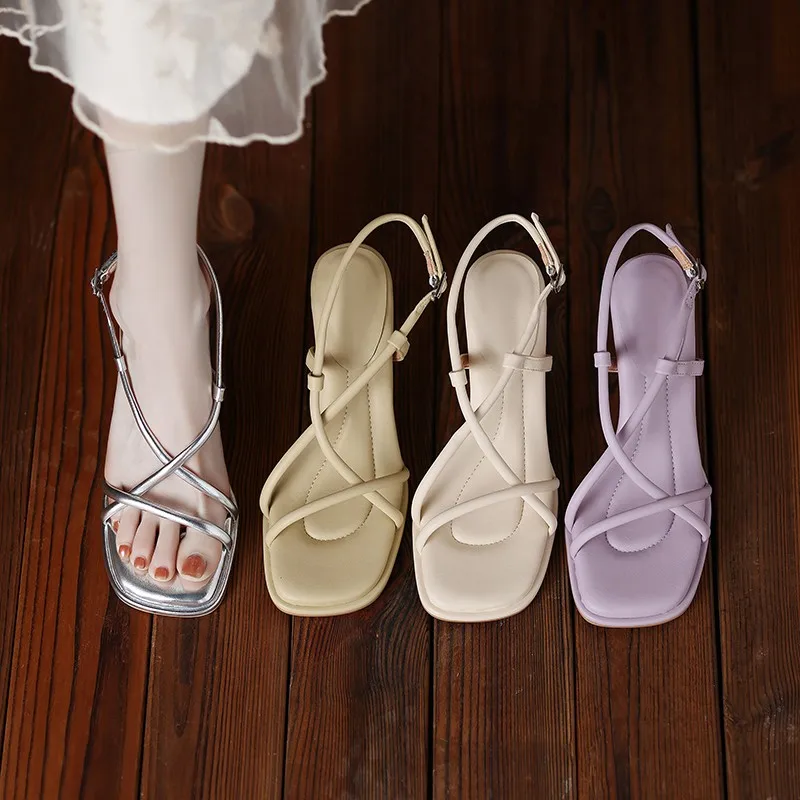 2026 Summer New Simple Square Headed Slim Strap Thick Heel Sandals for Women, Straight Toe Open Toe Sandals for Women