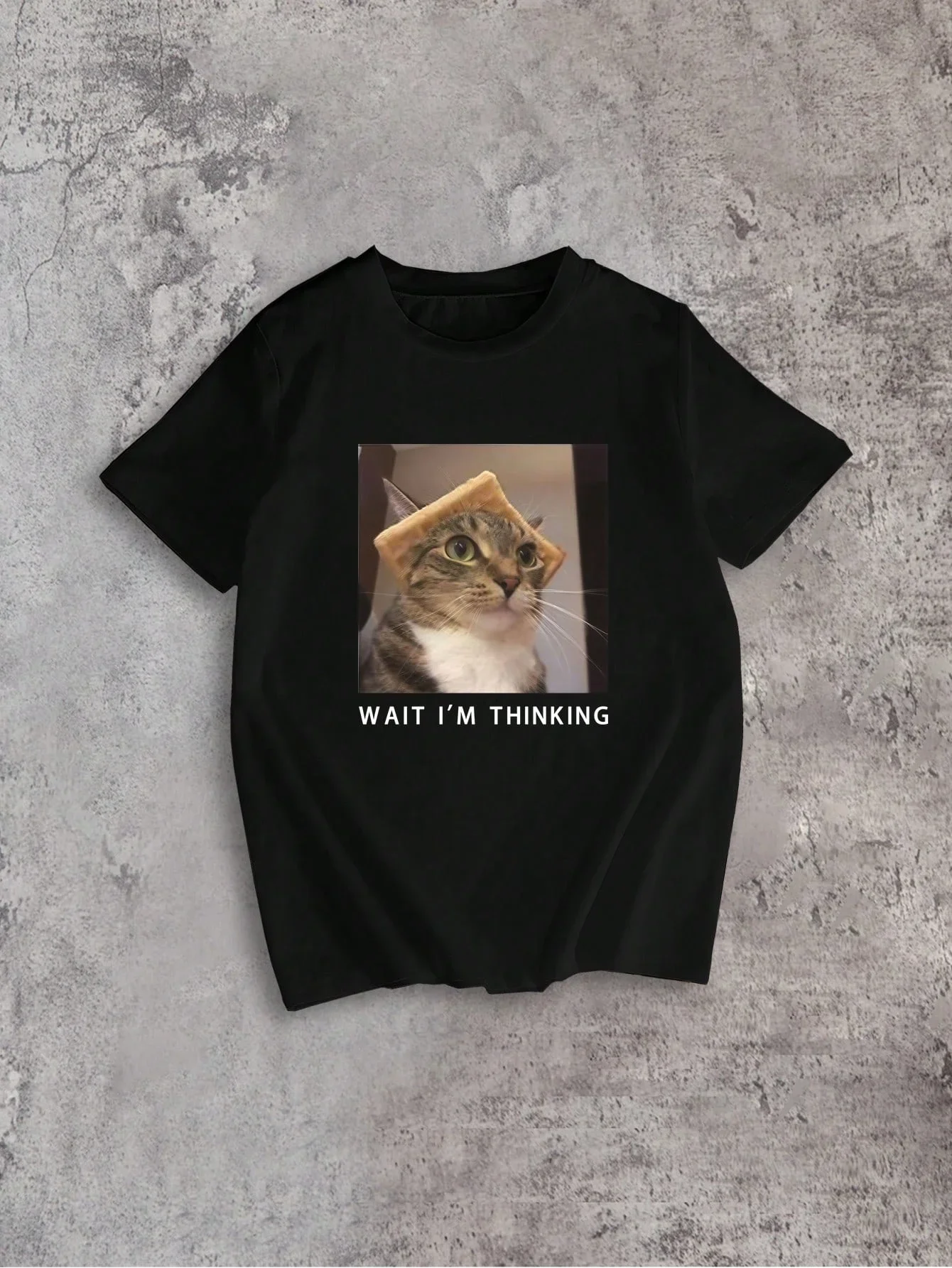Espere estou pensando-Camiseta informal de manga corta con cuello redondo para mujer ropa de calle con gráfico de gato divertido
