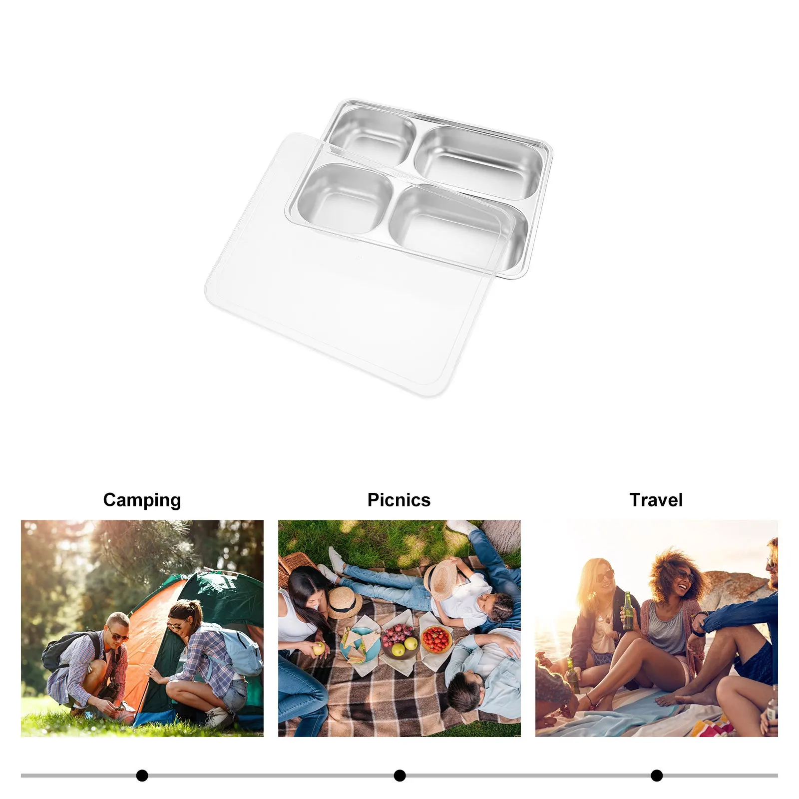 304 Stainless Steel Food Plate Thickened Grid Design For Camping Picnic Travel Divided Tray Kitchen Tableware
