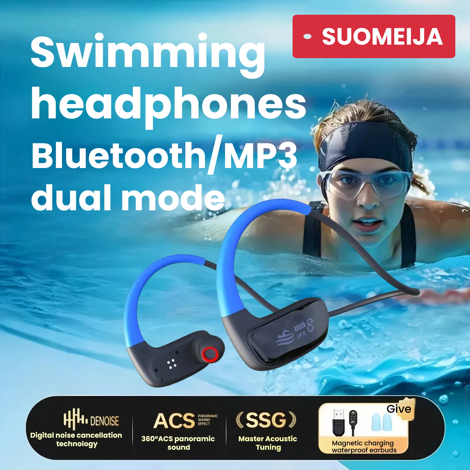 

Underwater Waterproof Bluetooth Swimming Headphone Ipx8 Black MP3 Player in Ear No Falling for Running Diving Cycling Hiking Gym