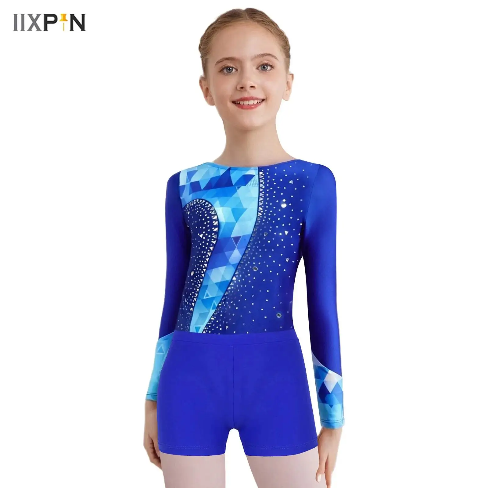 

Kids Girls Gymnastics Dance Outfits 2Pcs Printed Patchwork Shiny Rhinestone Leotards Long Sleeve Crotch Button Jumpsuit+Shorts