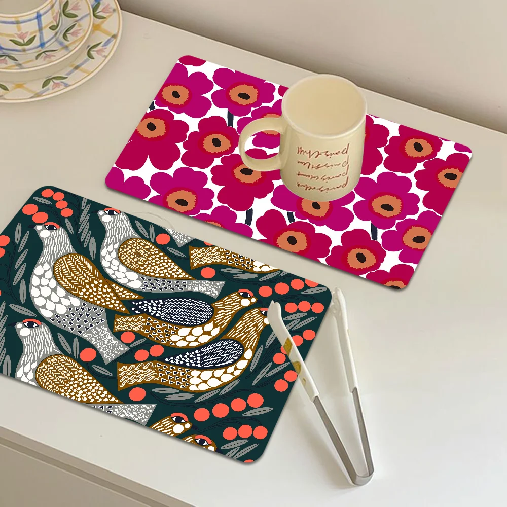 Marimekko-U-Unikko Flowers Quick Drying Dish Mat Printed Kitchen Non-slip Cup Pad Drain Mats Dinnerware Cup Bottle Placemat