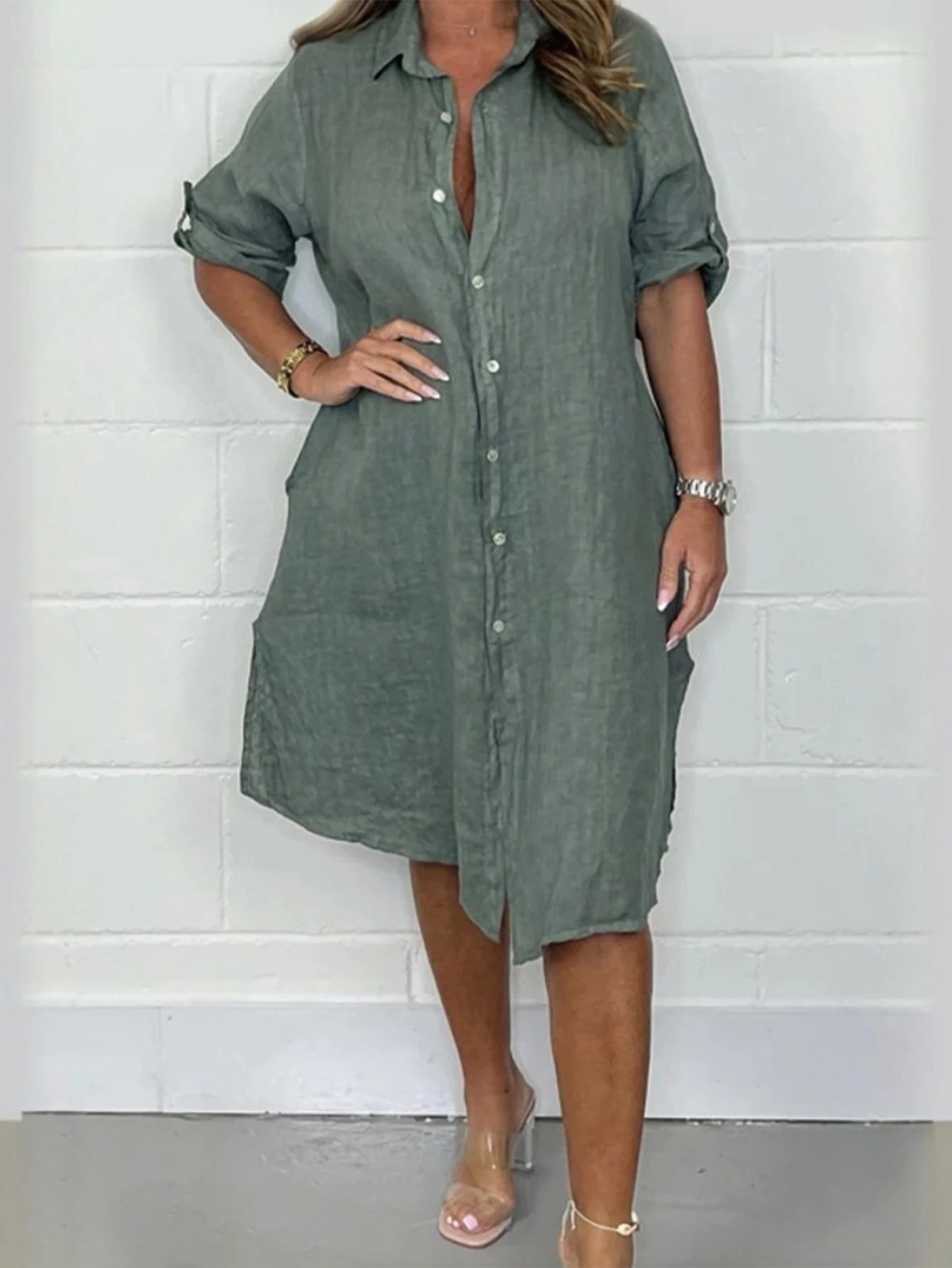 Abito da donna casual con colletto a camicia a maniche lunghe sul davanti con bottoni in tinta unita per l'abbigliamento quotidiano da donna in ufficio Stile basic autunnale