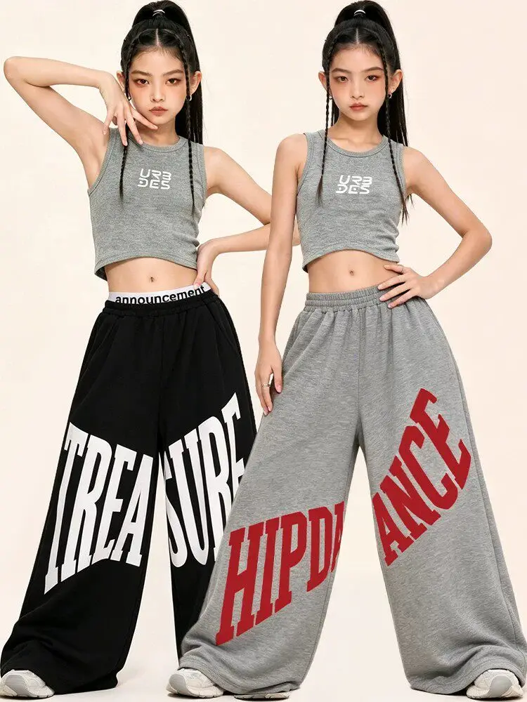

Kpop Jazz Dance Practice Clothes Summer Girls Navel Vest Baggy Sweatpants Jogger Hip Hop Sport Clothing Ballroom Wear BL19493