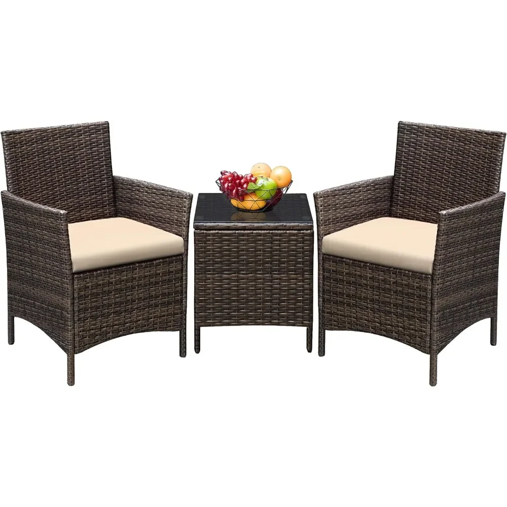 

3 Pieces Patio Furniture PE Rattan Wicker Chair Set Garden Furniture Sets Brown and Beige Outdoor Table Freight free