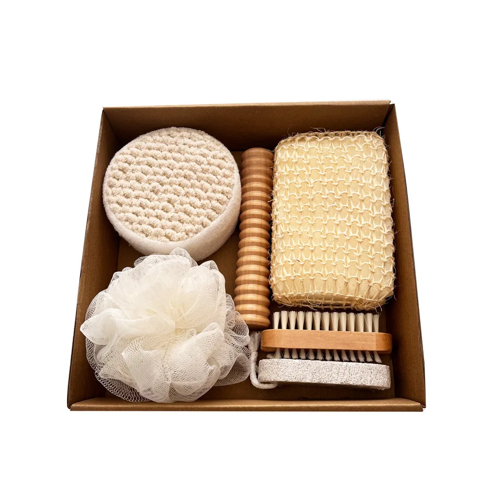 7 Pcs Bath Set Exfoliating Glove Bath Brush Pumice Stone Sisal Sponge Gift Box for Mother's Day Christmas Spa Home Essentials