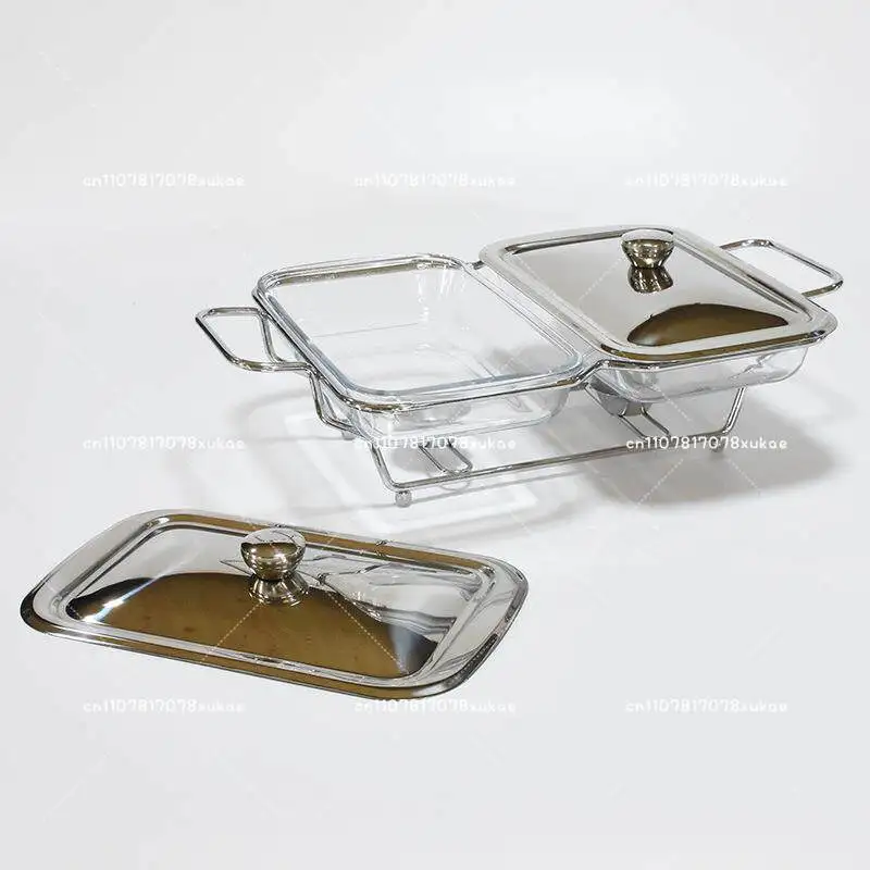 Luxury Rectangular Glass Chafing Dish Divided Food Warmer Alcohol Heating Stove with Iron Support