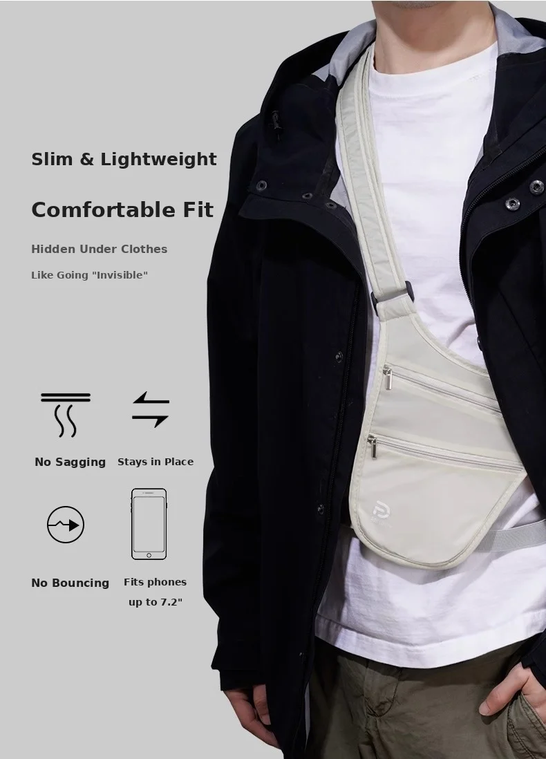 Ultraflache Verdeckte Anti-Diebstahl-Tasche aus Nylon, Reise-Brusttasche, Wasserdichter Pass- und Handyhalter – Detail 1