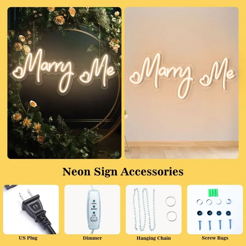 Enseigne au néon LED Marry Me, lettres lumineuses à intensité variable, grand design en deux pièces, décoration murale, chambre à coucher, proposition de mariage, fiançailles