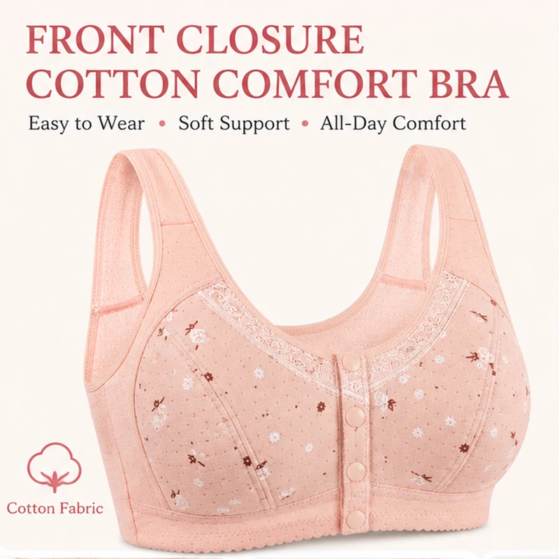 Plus Size Flower Print Wire Free No Pads Nursing Bra Mid-aged Mom Open Front Vest Brassiere Lingerie Cotton Bralette Underwear