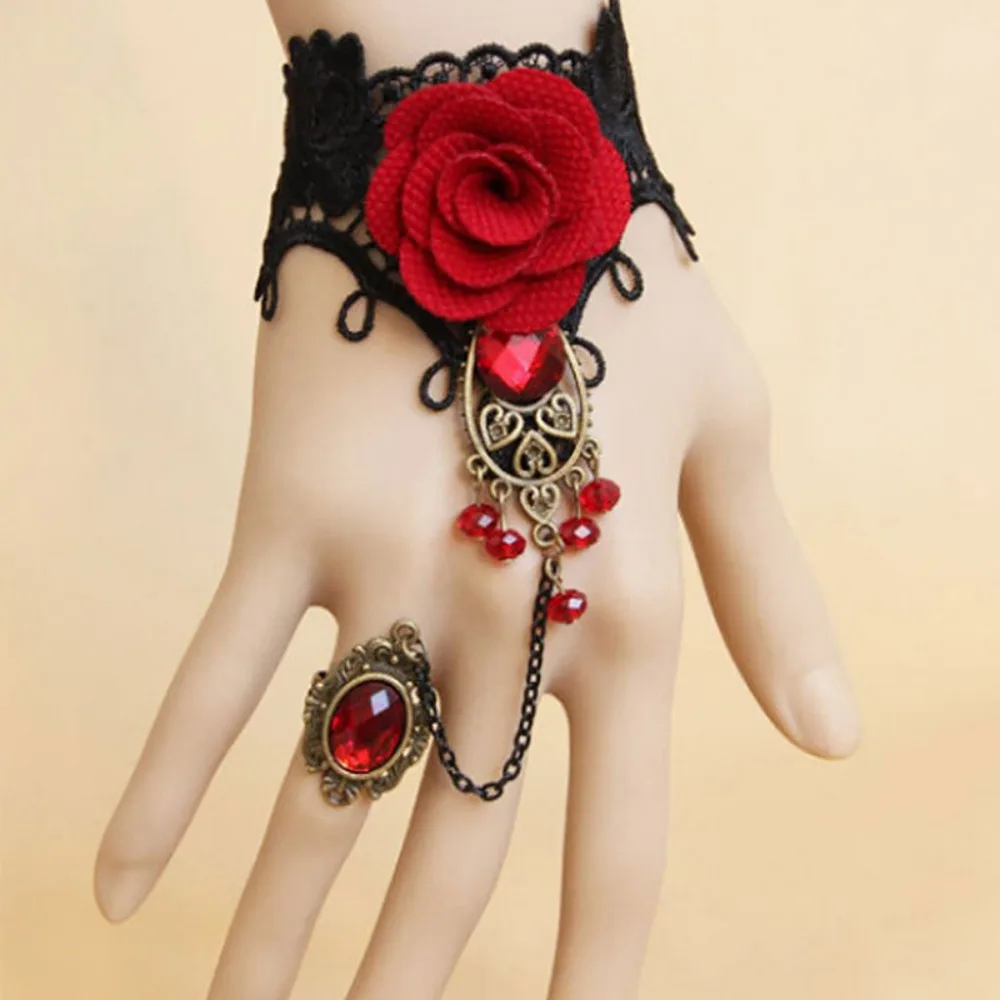 Halloween Red Rose Bracelet Personality Classic Vintage Lace Metal Bracelet Trendy Western Style Bracelet with Fingernail Chain