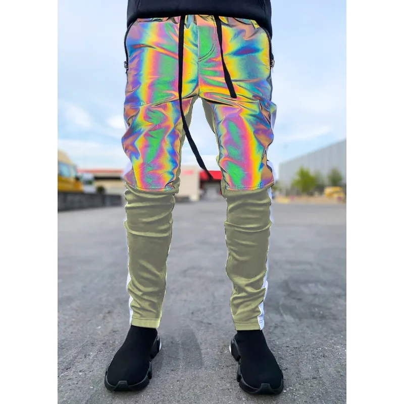 ‌ جديد عاكس بانت قزحي الألوان الملونة بنطلون توهج الظلام ركض الشارع الرقص ارتداء الهيب هوب السراويل الكفة السراويل الهذيان حزب الزي