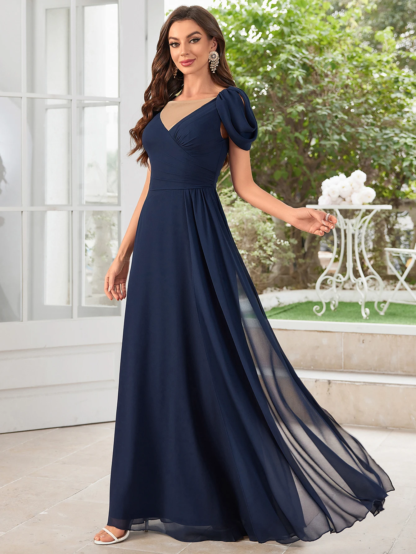 Unithorse  Ruched Bust Chiffon Cold-Shoulder Wrap Bridesmaid Dress