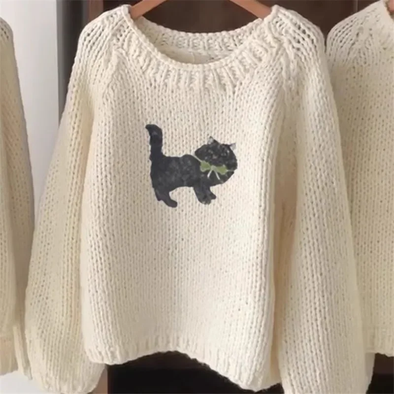 

Womens Knit Pullover Cartoon Cat Printed Autumn New O-neck Wool Knitted Sweater Women Cashmere Knitwear Tops