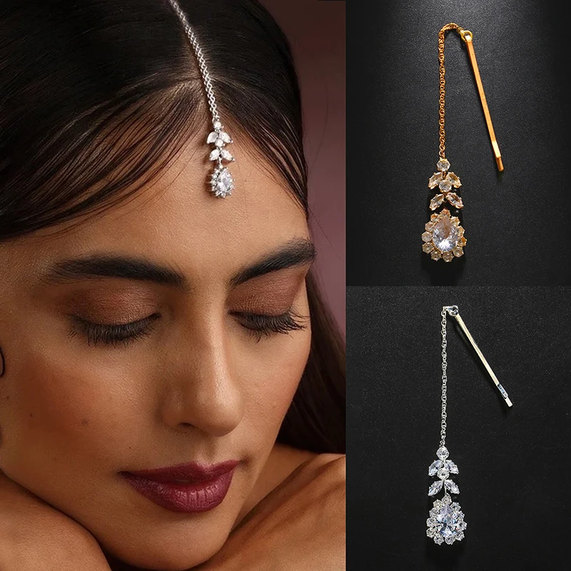 

Fashion Indian Bridal Forehead Chain Headwear Wedding Accessories Elegant Headband Leaf Zircon Hair Chain Jewelry For Women