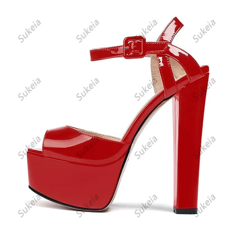 Sukeia Handwork Women Summer Sandals Buckle Strap Chunky High Heels Peep Toe Beautiful Red Dress Shoes US Plus Size 5-20