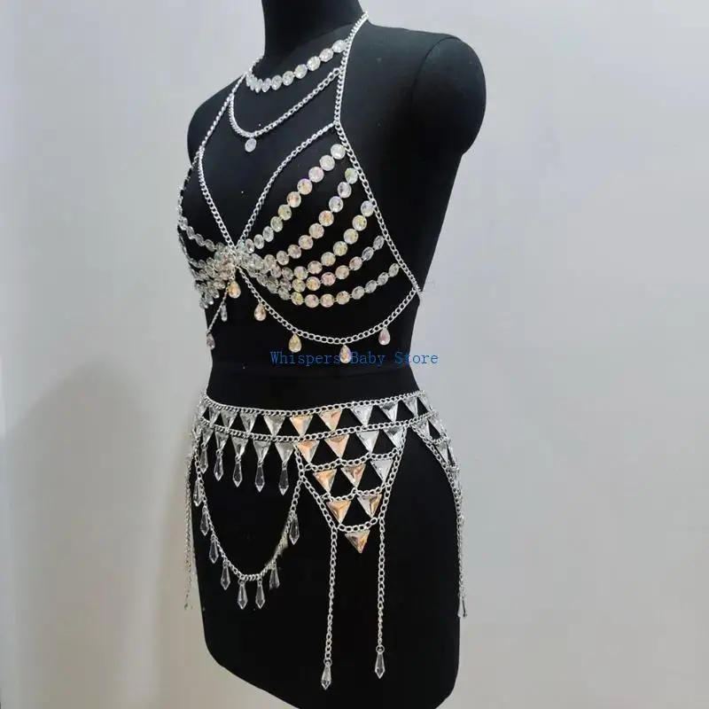 U90E Fashionable Body Jewelry Set Featuring Rhinestones Bra And Belly Chain Portaqble Accessory for Trendy Elegant Looks