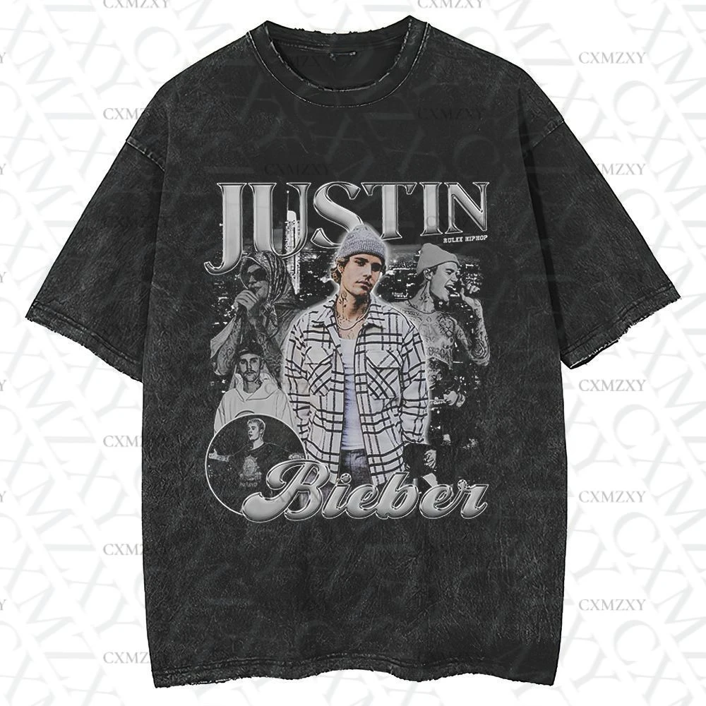 

Vintage done old washed American street hip hop short sleeve male and female loose rapper print