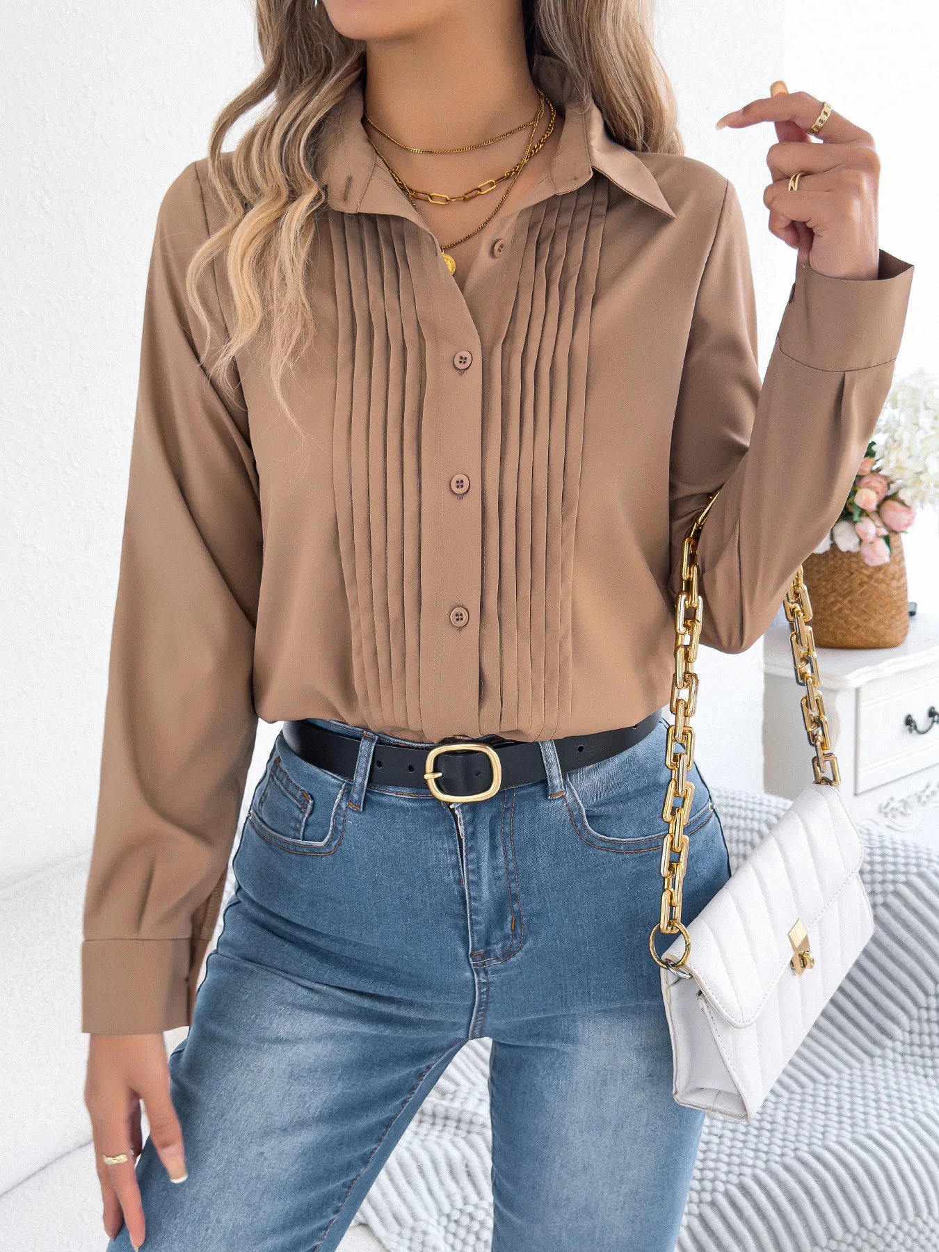 2026 new fashion button pleated shirt women summer casual loose solid color long-sleeved home lapel top for women