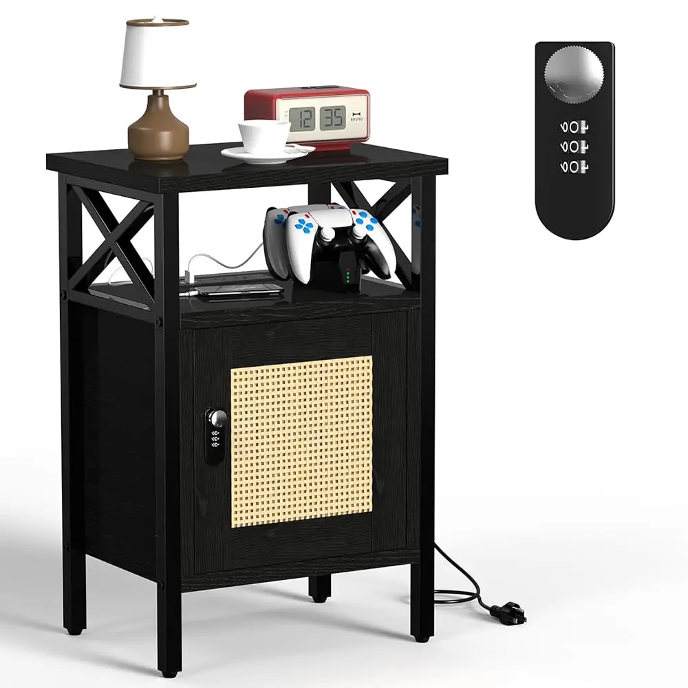 

Rattan Nightstand With Lock, End Table With Charging Station, Side Table With Door And Open Shelf, Modern Wooden Bedside Table