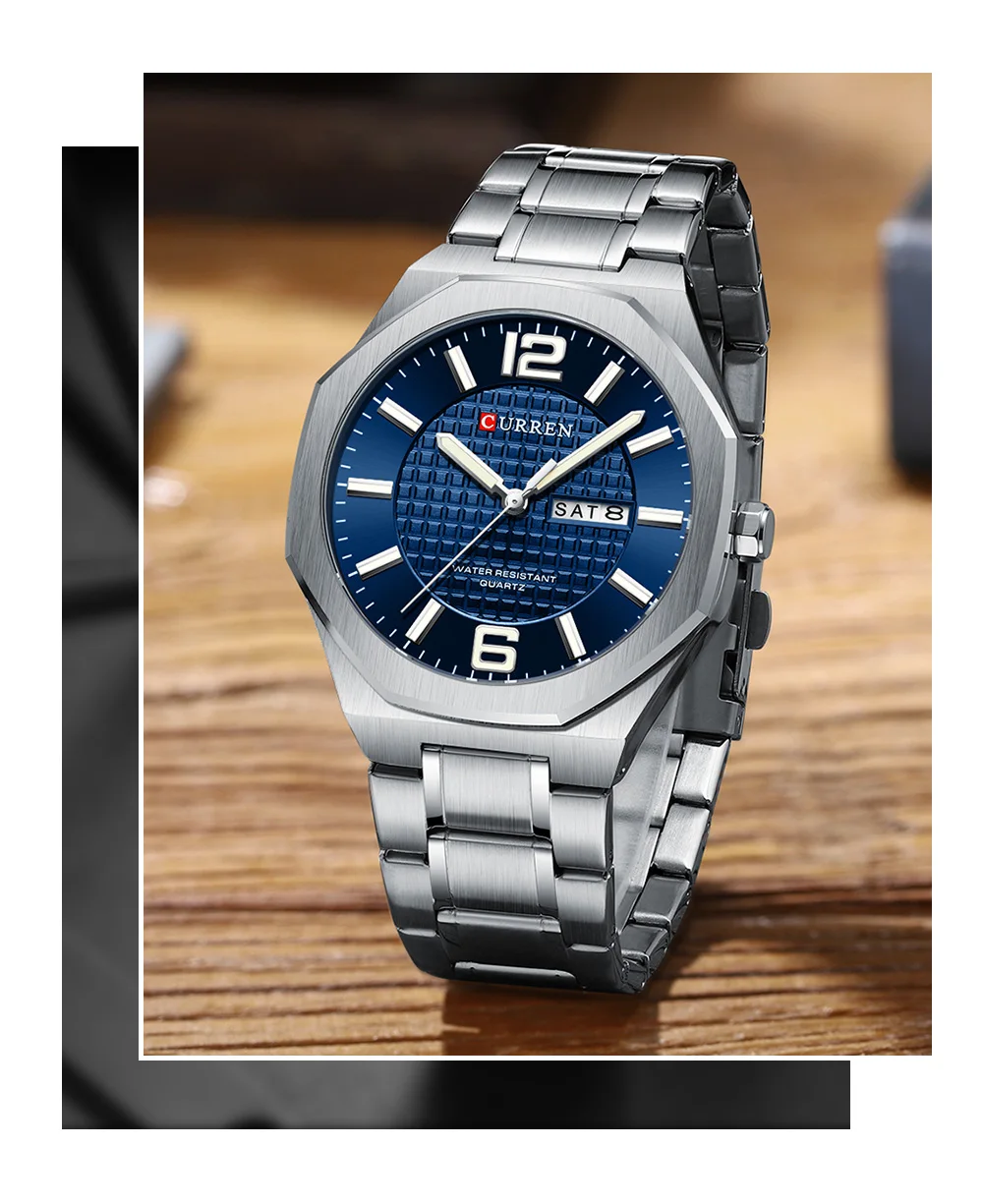 CURREN Herren-Businessuhr Quarz mit Tages- und Datumsanzeige, Edelstahlarmband, schlanke Armbanduhr für Männer, Leuchtzeiger – Detail 14