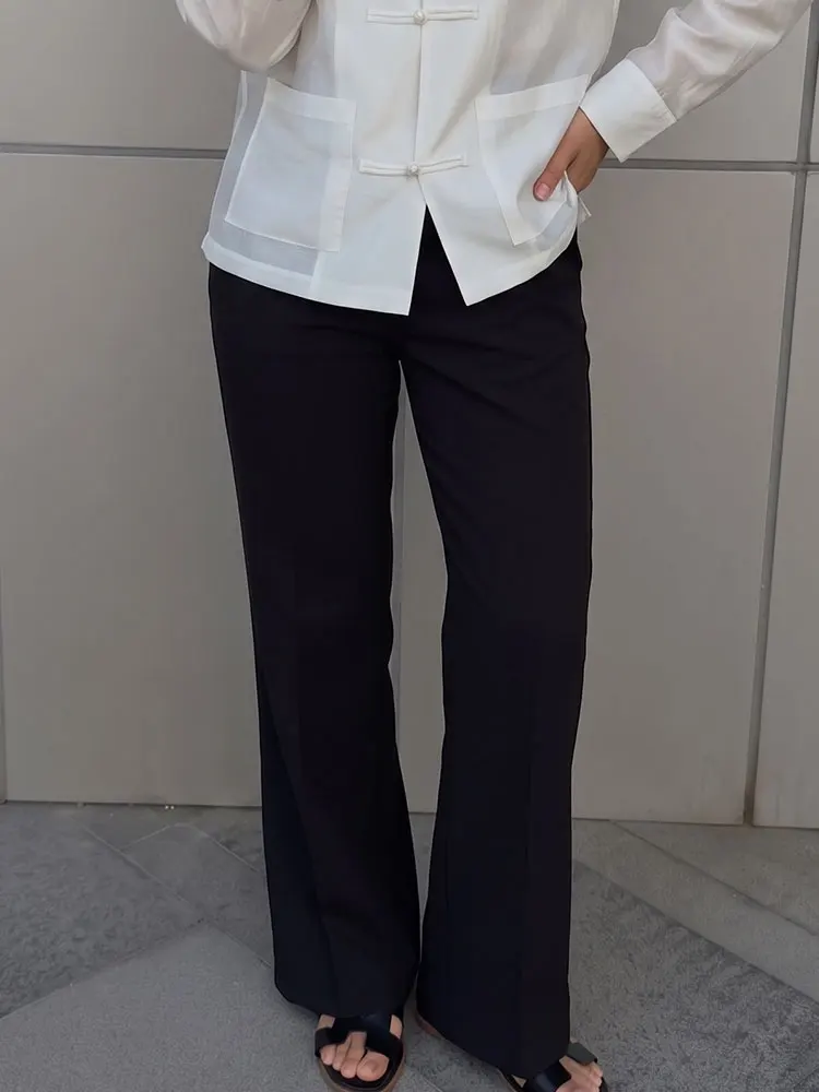 HH Womens Black Mid Rise Flared Suit Trousers Casual Summer Vacation Fashion High Street Elegant Party Zipper Pocket Pants