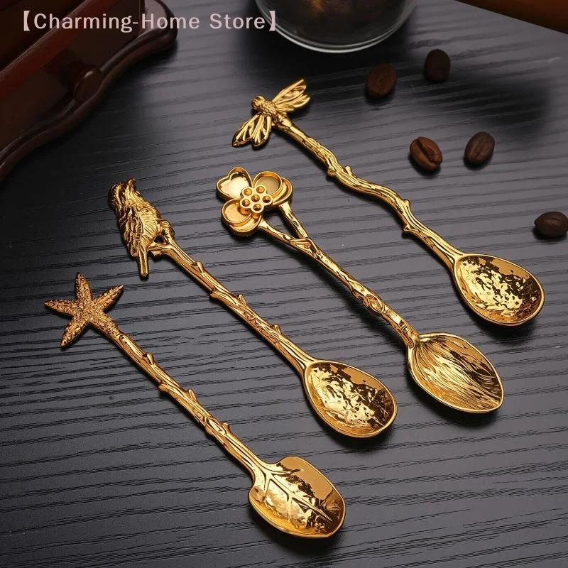 【M】Retro Metal Coffee Spoon Dragonfly Branches Leaves Shape Ice Cream Cake Dessert Milk Mixing Spoon Kitchen Gadgets Tableware