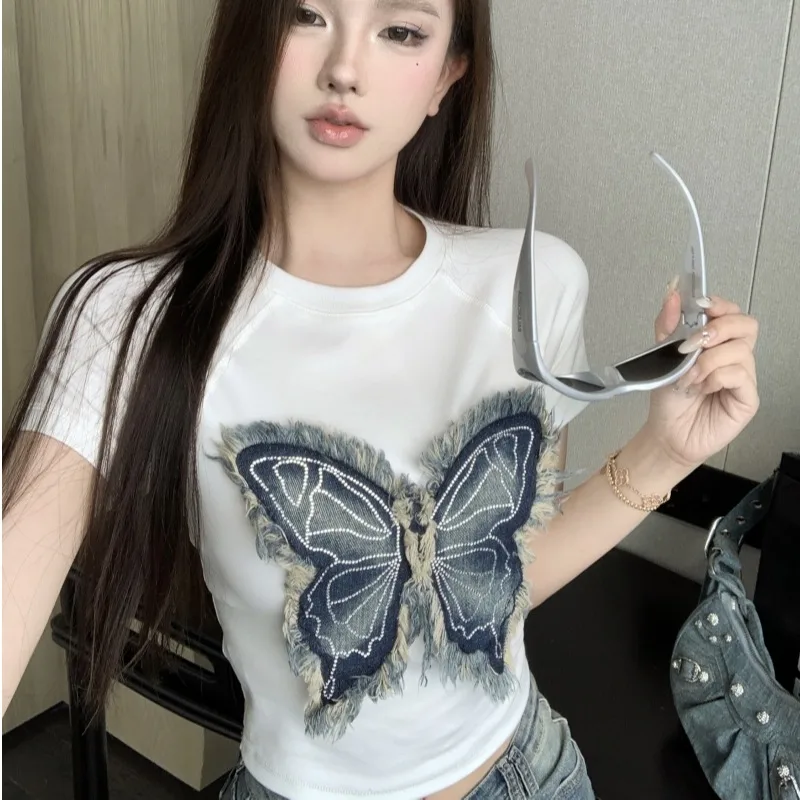 Camiseta de Mujer Estilo Hong Kong con Parches, Moderna, Veraniega, Única, Estilo Corto, con Personalidad