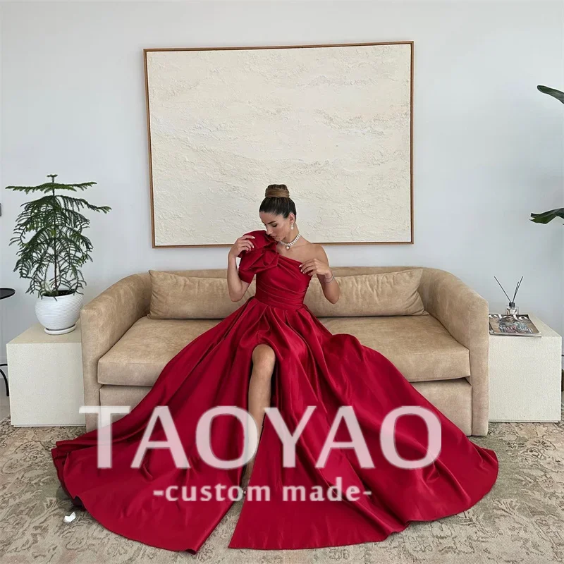 Red Satin Evening Dresses Long One Shoulder Bow Split Prom Gowns Formal Party Occasion Dress 2024 Celebrity Gowns For Women