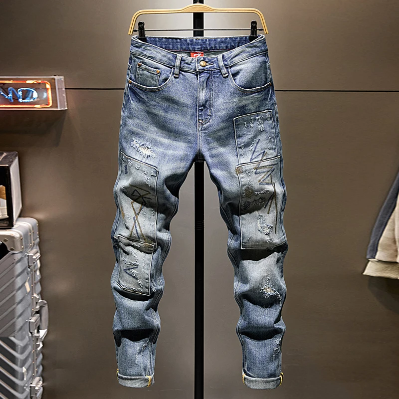 

High Street Fashion Men Jeans Retro Blue Stretch Slim Fit Embroidery Patched Ripped Jeans Men Hip Hop Vintage Denim Pants Hombre