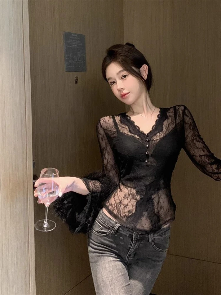 Sexy Y2k Aesthetic Vintage Printing Blouse Slim Streetwear Lace Patchwork Harajuku Shirts Women Beading Grunge Trendy Crop Tops