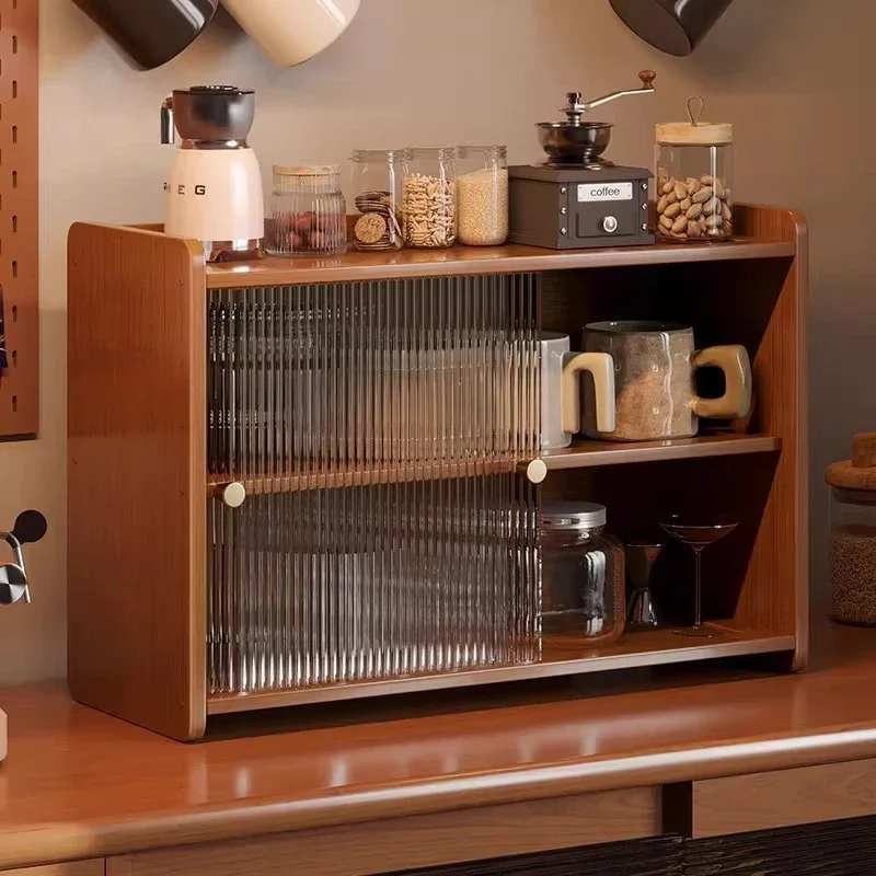 Moso Bamboo Dustproof Cup Holder with Fluted Acrylic Doors Desktop Storage Rack Removable Shelf for Kitchen Coffee Bar