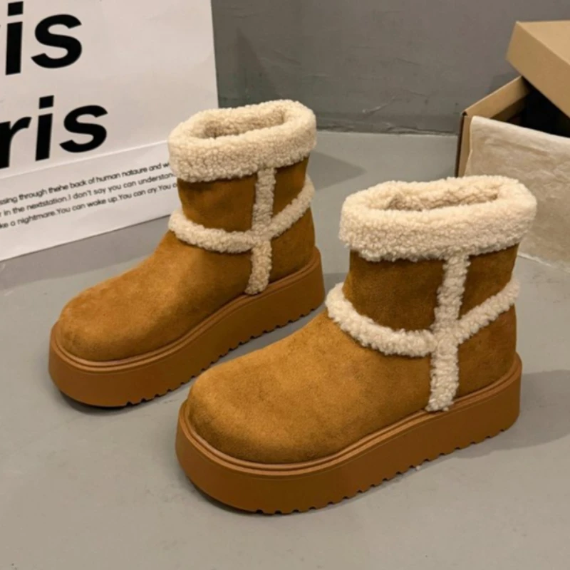 

Fur Women Snow Boots Flats Platform Suede Sport Cotton Shoes 2025 Warm Winter Ankle Boots Casual Cozy Short Plush Mujer Botas