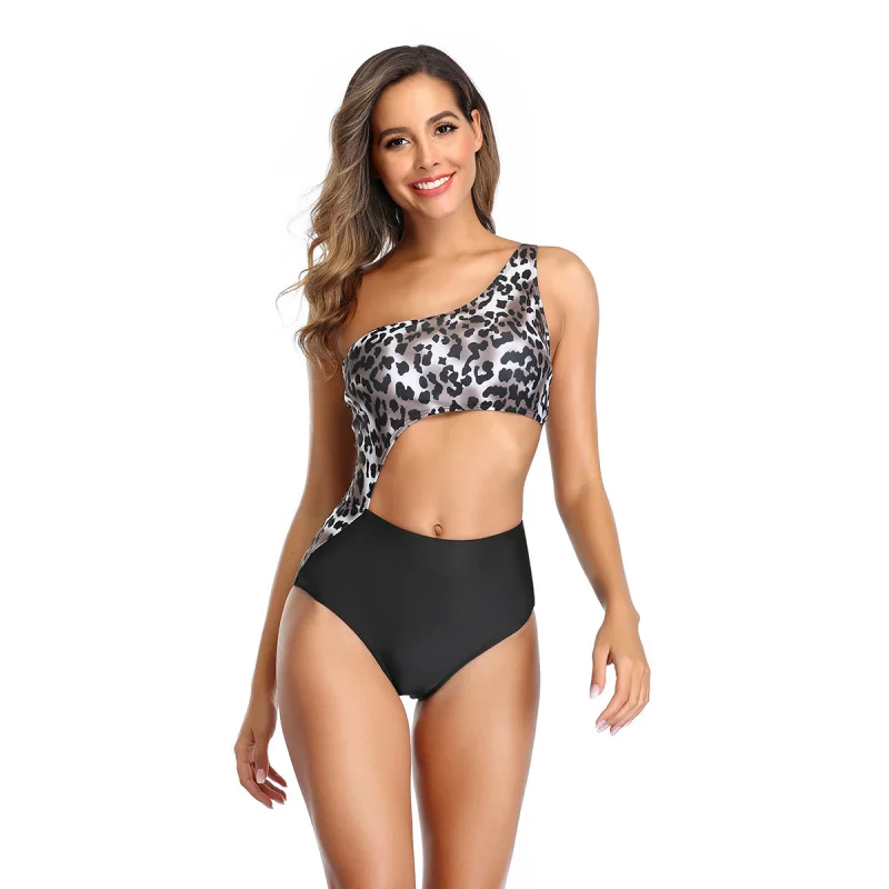 

One-piece swimsuit, one-shoulder leopard print bikini, high-waisted fashion