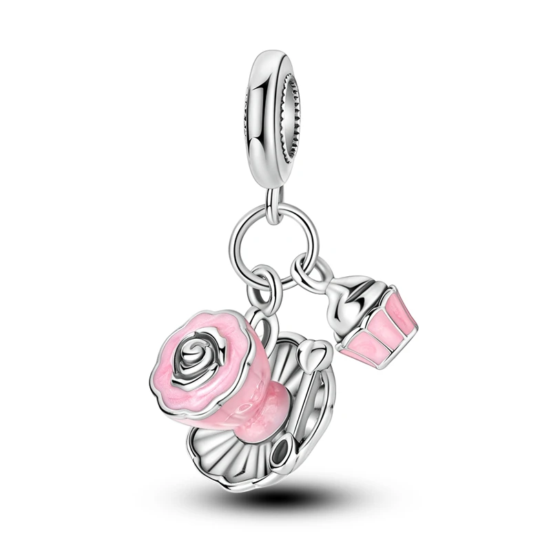 European Retro style 925 Sterling Silver Light Pink Floral Tea Cups and Small Cakes Dangle Charm Fit DIY Bracelet Neckla Jewelry