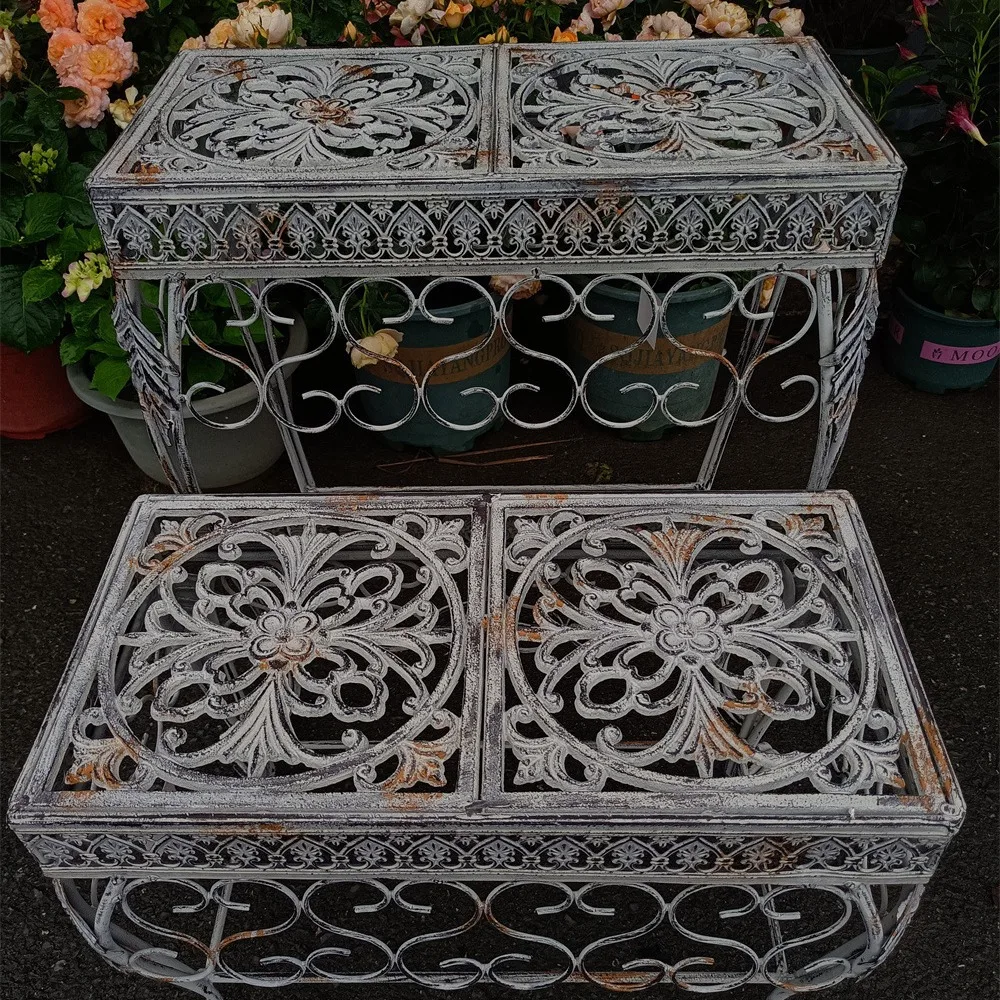 Wrought Iron Flowerpot Organizer Holder Plant Display Stand Double Rectangle