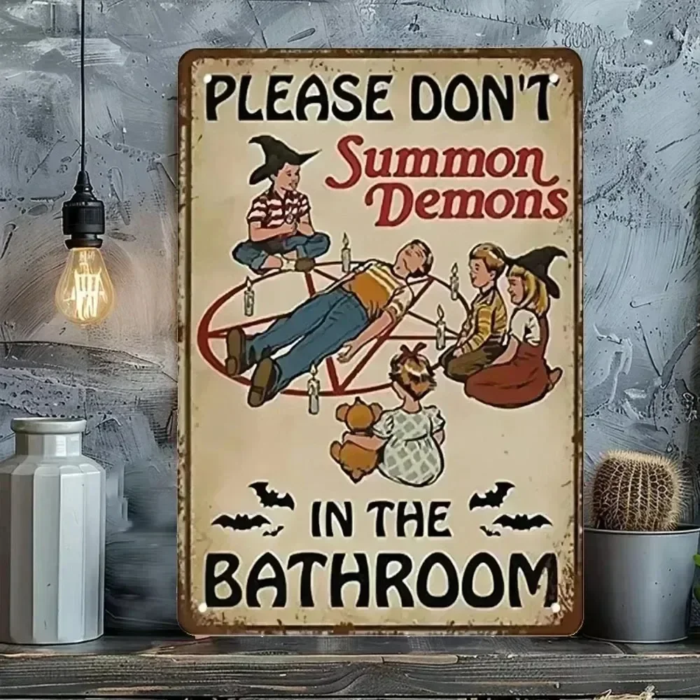 Clearance Steven Rhodes Please Don't Summon Demons In The Bathroom Metal Tin Sign, Retro Dark Humor Wall Plaque