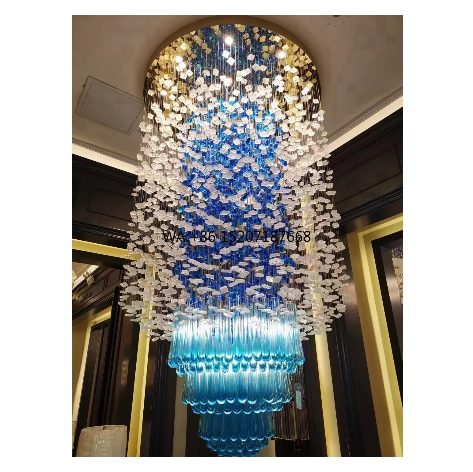 Custom High Ceiling Raindrop Long Hotel Luxury Chandelier LED Lobby Decorative Glass Hanging Lighting Oval Teardrop Design