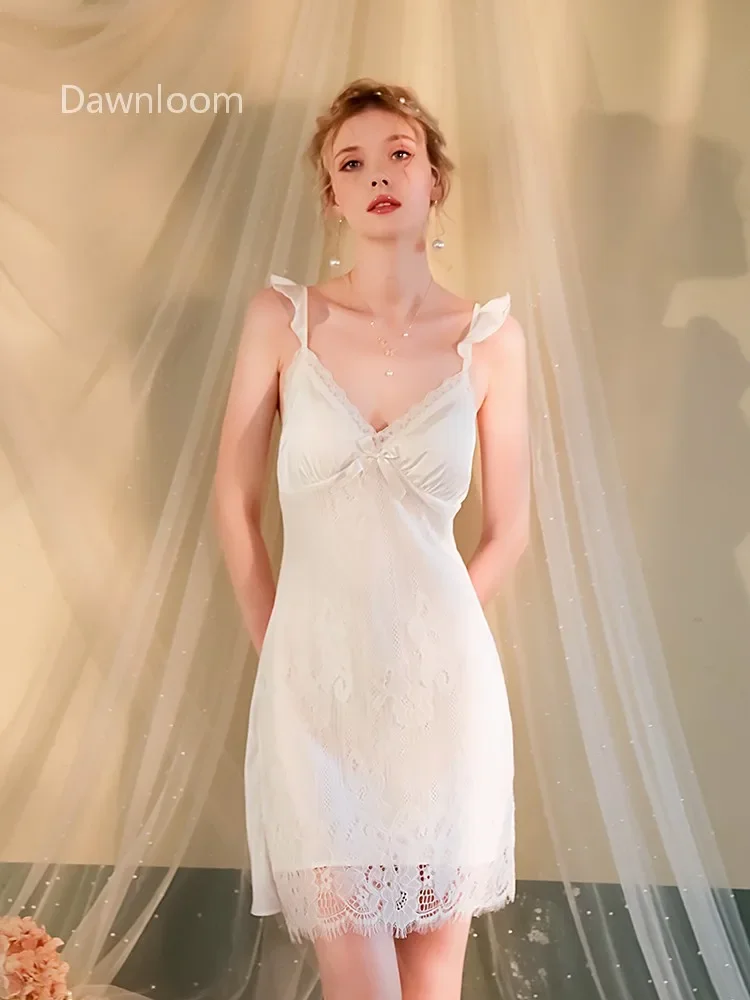 Dawnloom* Women's White Silk Back Crisscross Lace-Up Nightgown V-Neck Bowknot Lace Luxury Loungewear Sleepwear