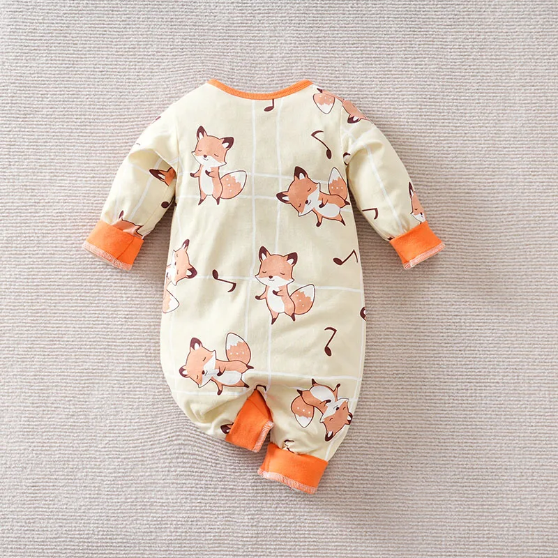 Baby Boy And Girl Cute Fox Print Clothes Long Sleeved Diagonal Cotton Jumpsuit 0-1 Year Old Children Outdoor Climbing Clothes