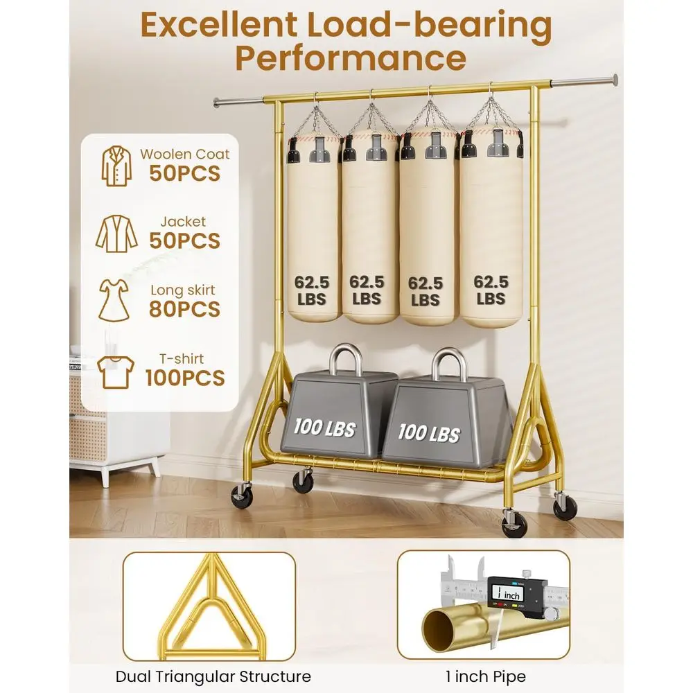 Sturdy Metal Rolling Clothes Rack - 450 lbs Capacity, Lockable Wheels, Gold for Bedroom Wardrobe Closet
