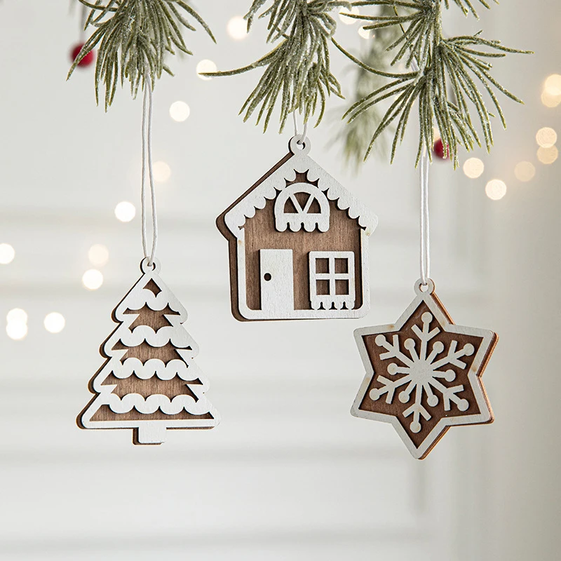 1PC Christmas Decorations Nordic Carved Wooden Cabin Ornaments, Wooden Christmas Trees Decorative Pendant, DIY Window Displays