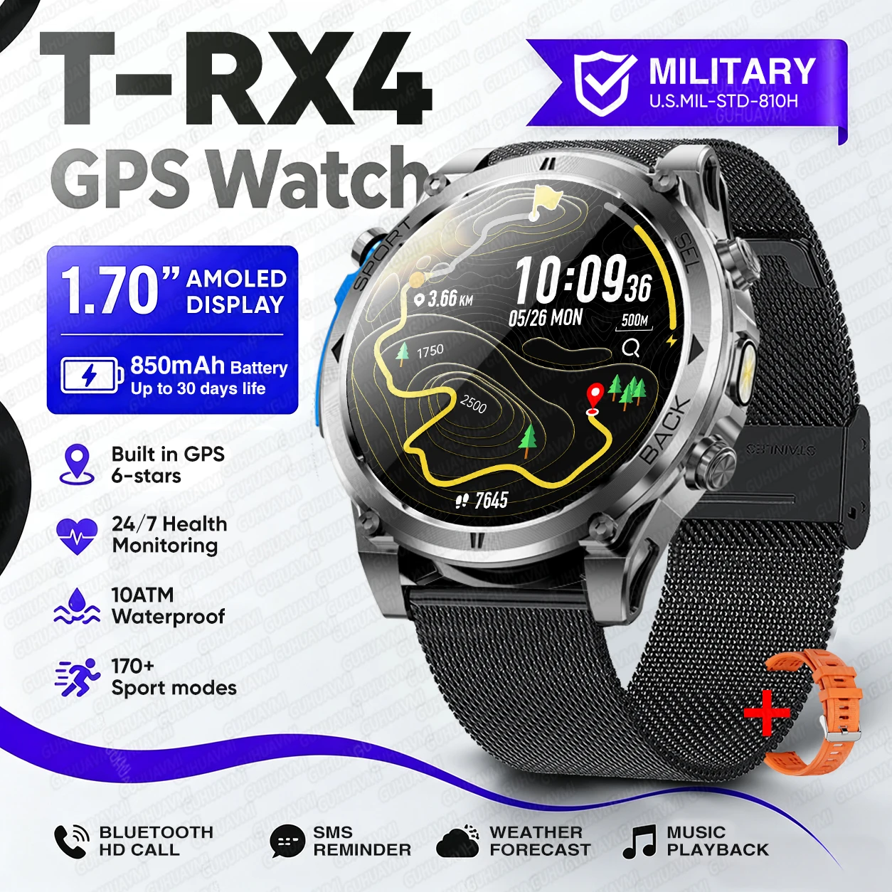 2026New Military T-RX4 Built in GPS Outdoor Smart Watch 10ATM Waterproof Compass 850mAh Battery 1.7”AMOLED Sports Fitness Clock image 3