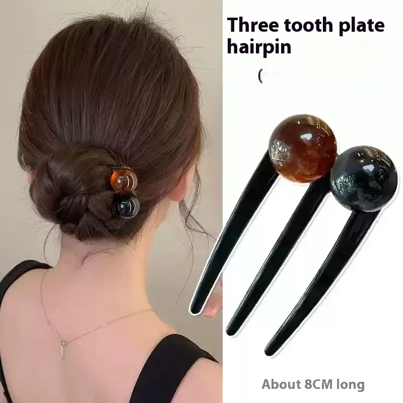 

Small Hair Volume U-Shaped Hairpin Retro Chinese Style Ball Head Three Toothed Comb Back Hair Clip Accessory for Women And Girls