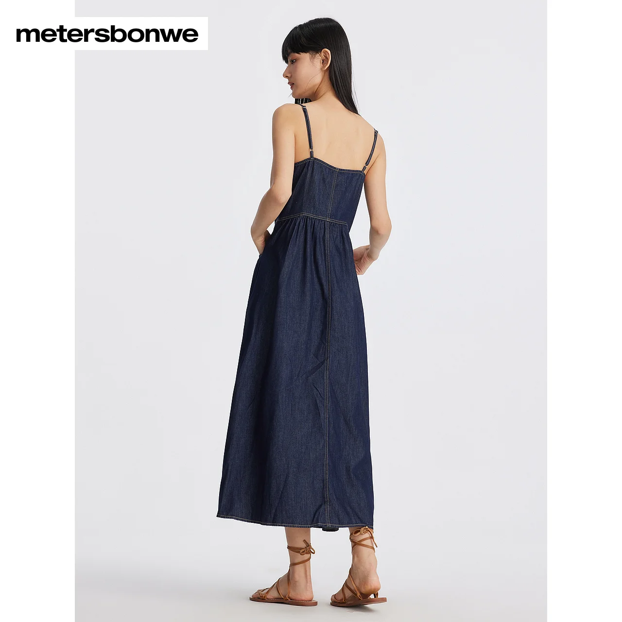 Metersbonwe-2024 New Summer Slim Denim Dress for Women, Suspender Long Dress, Casual Dress for Girls, High Quality Brand Dresses