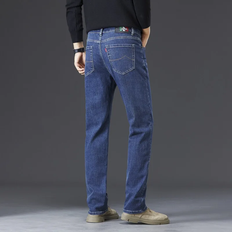 Men Extra Long Winter Jeans 110CM 115CM Fleece Warm Stretched Slim Fit Tall Guys Denim Trousers Cold-proof Lengthened Male Pants